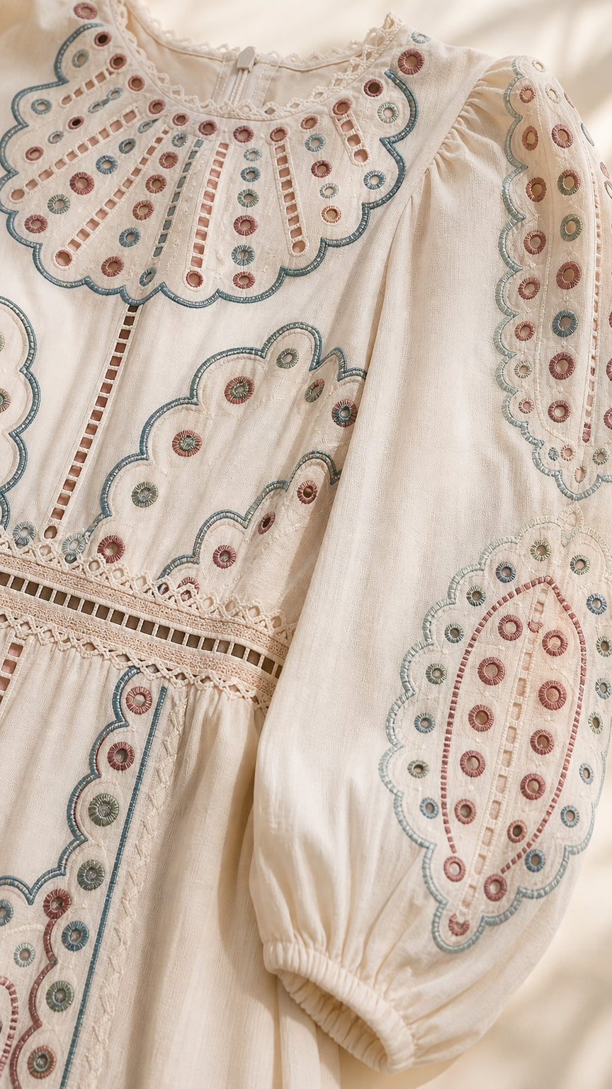 Close-up detail of neckline and sleeve embroidery