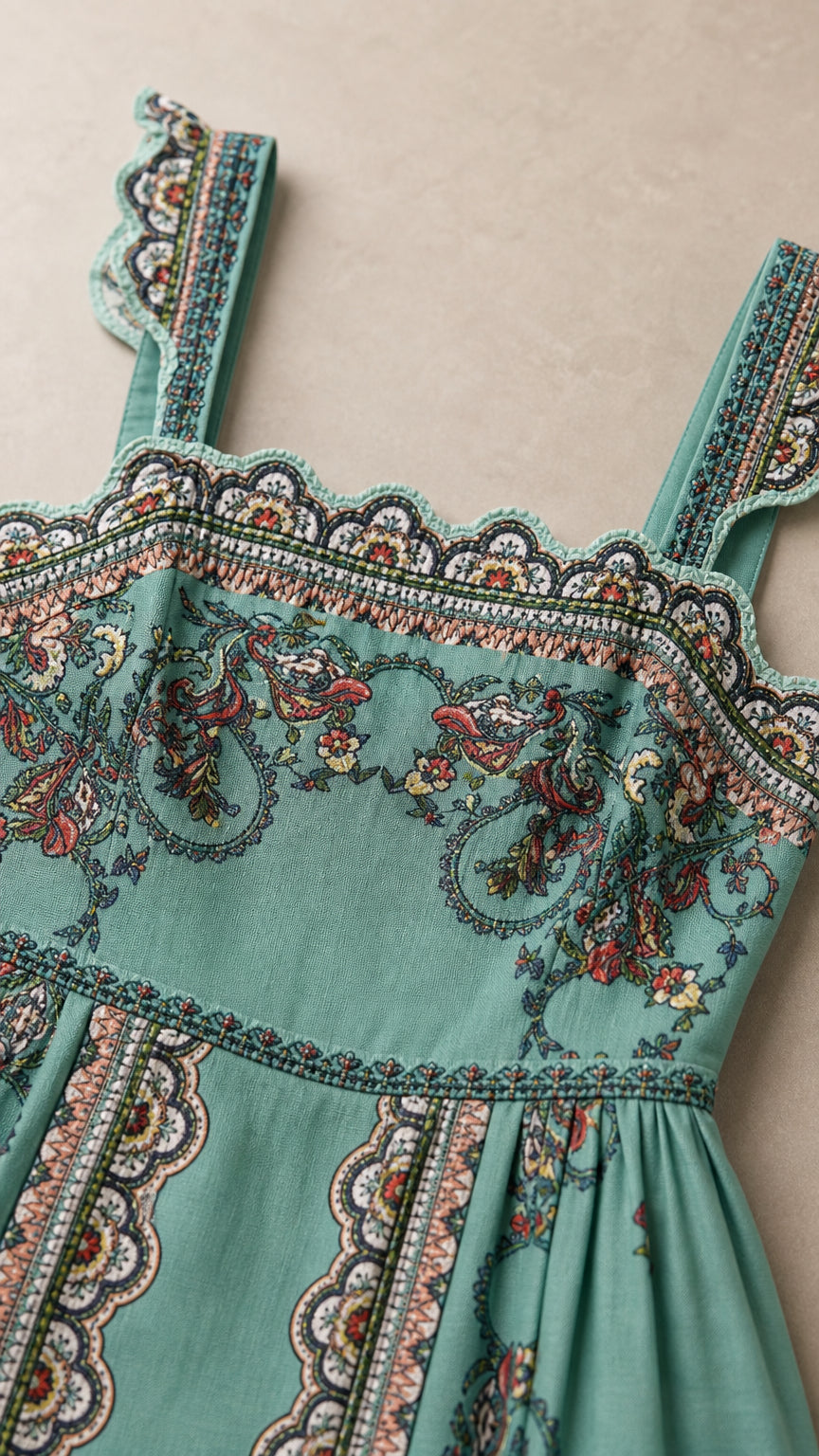 Close-up of scalloped straps and border print on teal dress