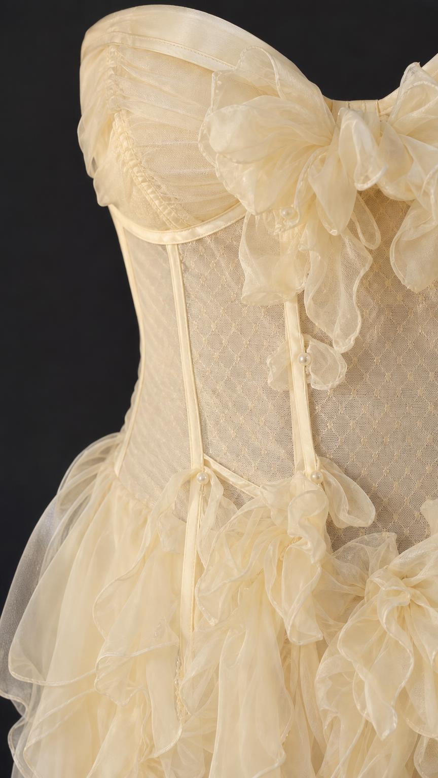 Close-up detail of structured corset and ruffles in Champagne