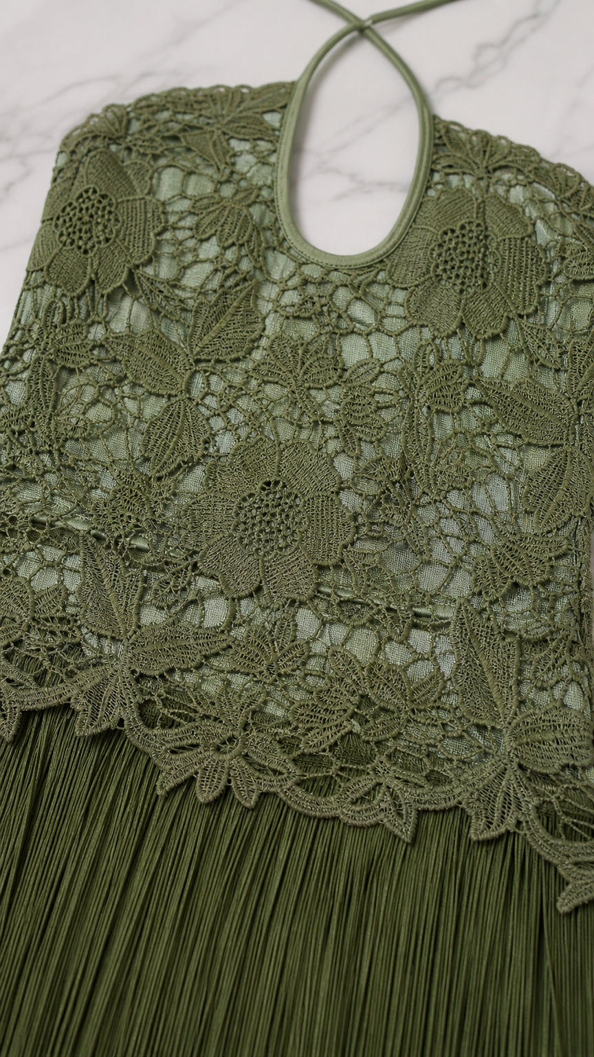 Close-up of lace bodice and halter neckline detail in Olive