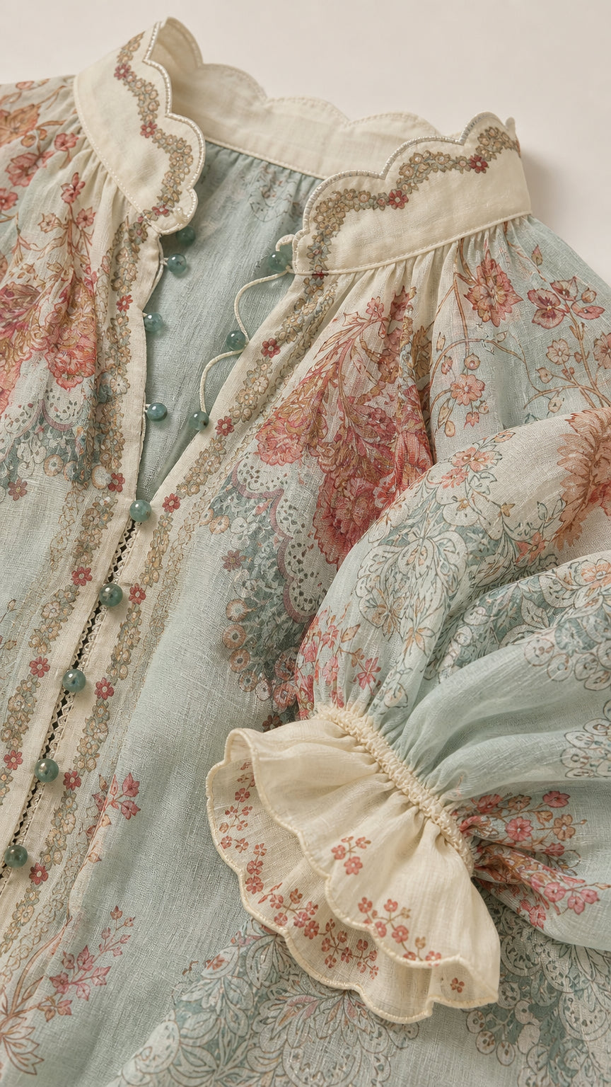 Close-up detail of scalloped collar and fabric texture of floral blouse