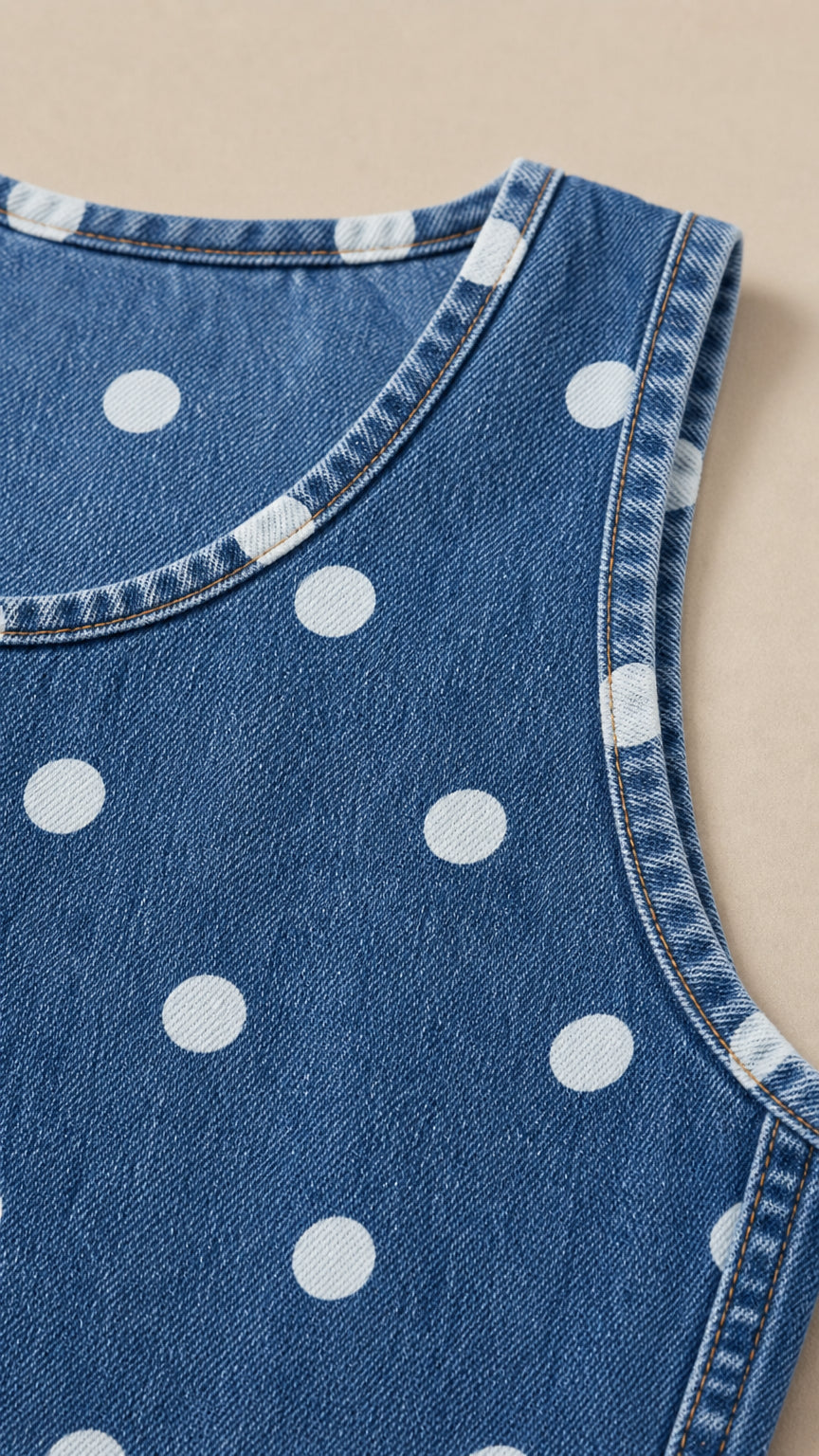 Close-up detail of scoop neckline and blue polka dot fabric