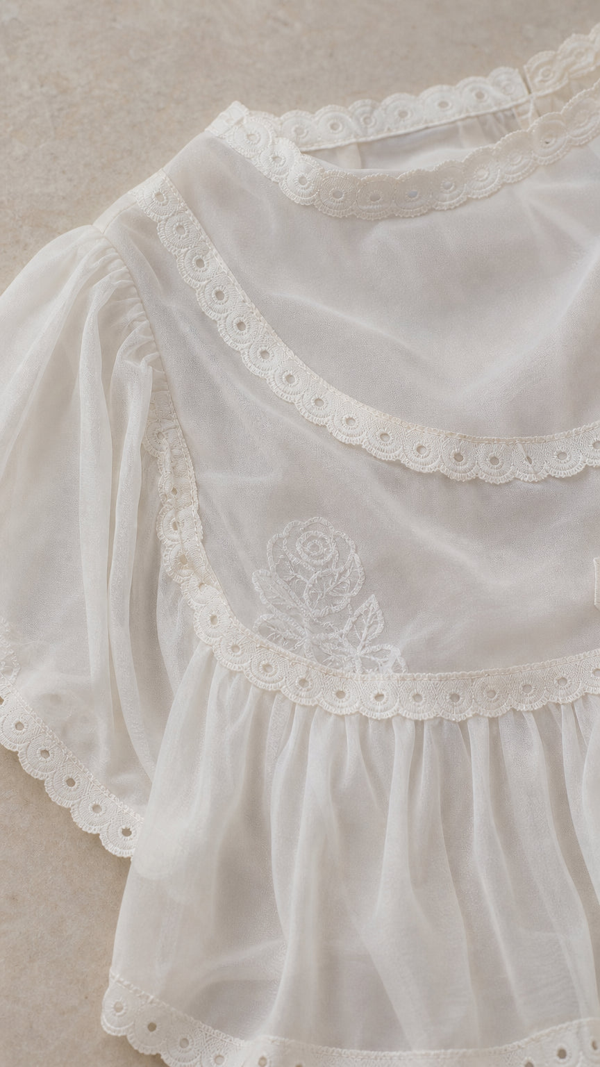 Close-up detail of white top showcasing embroidery and eyelet trim