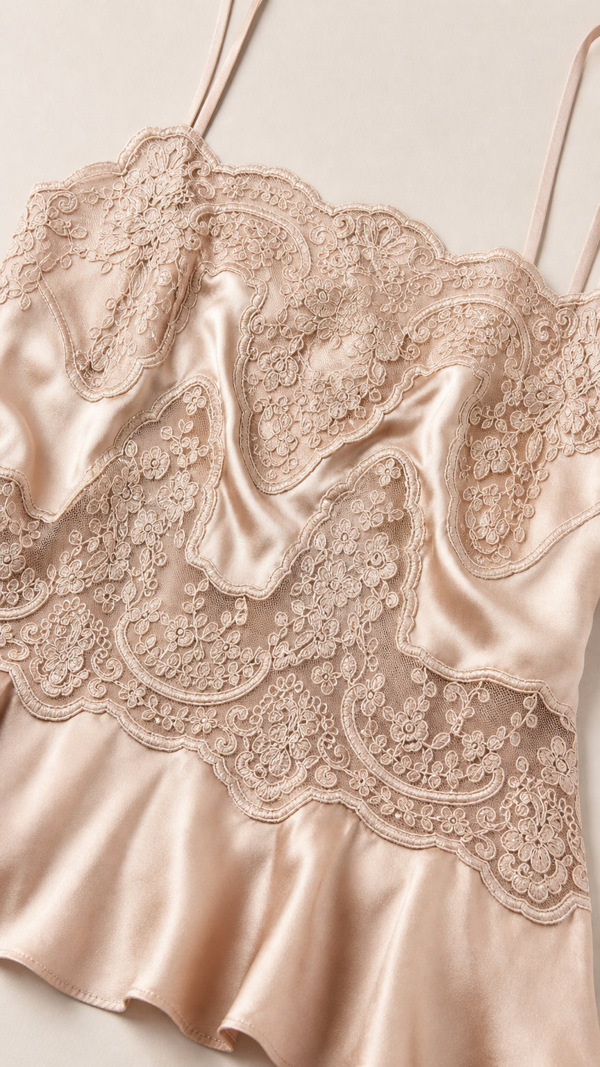 Close up of lace trim and satin texture on the camisole top