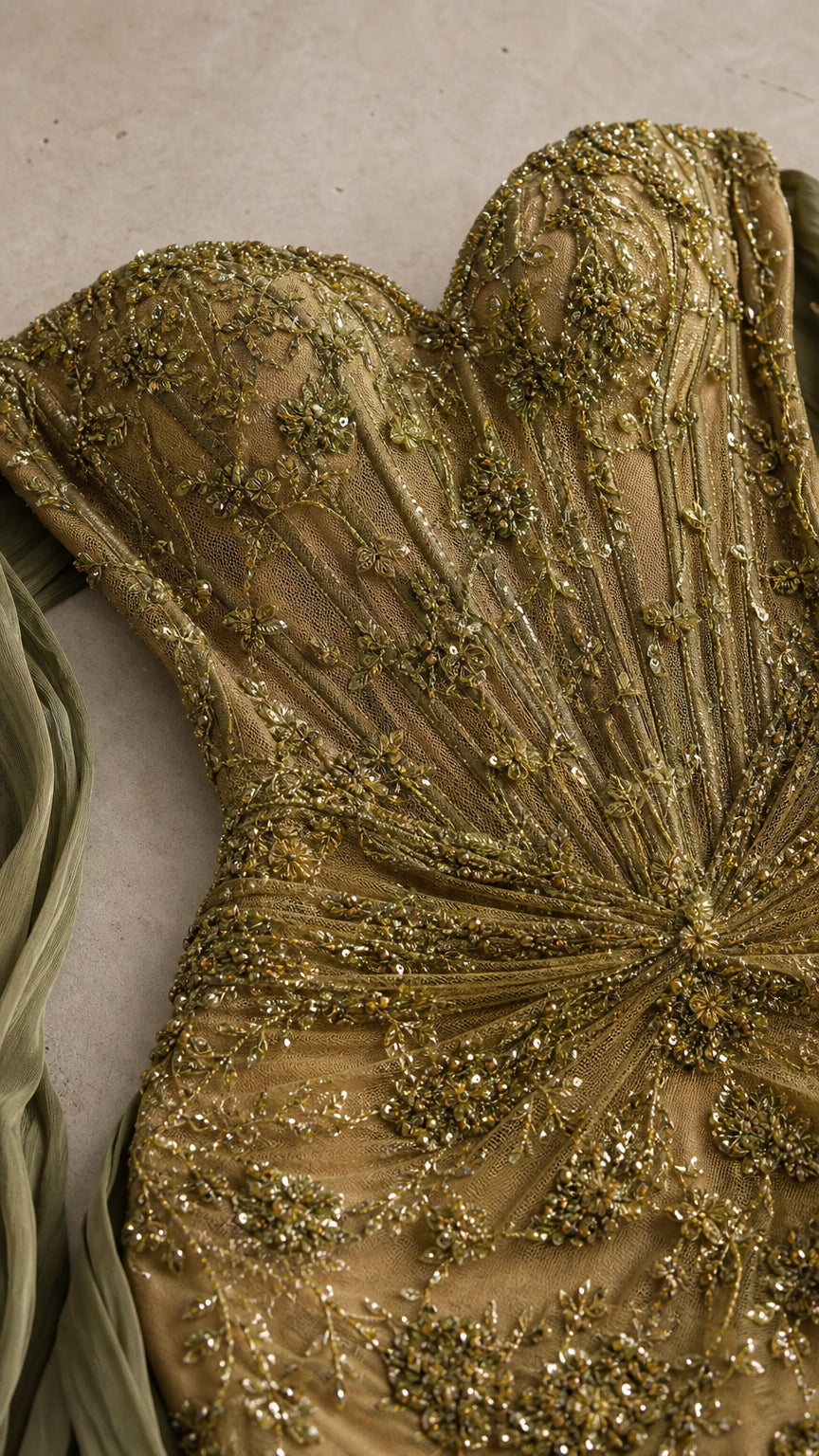 Close-up detail of the beaded sweetheart corset bodice and embroidery