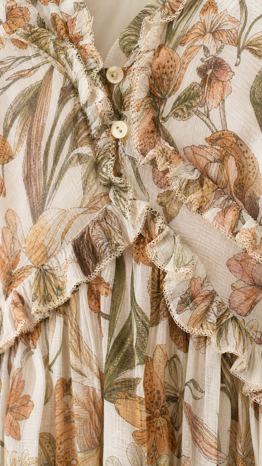 Close-up detail of V-neckline, buttons, and ruffle trim on floral dress