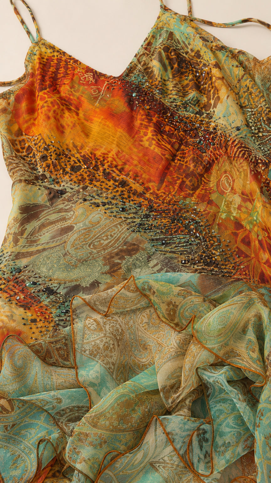 Close-up detail of bodice beading and fabric pattern
