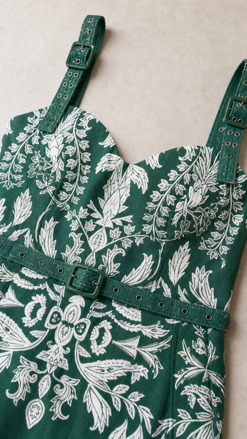 Close up of green dress bodice, straps, and buckle details