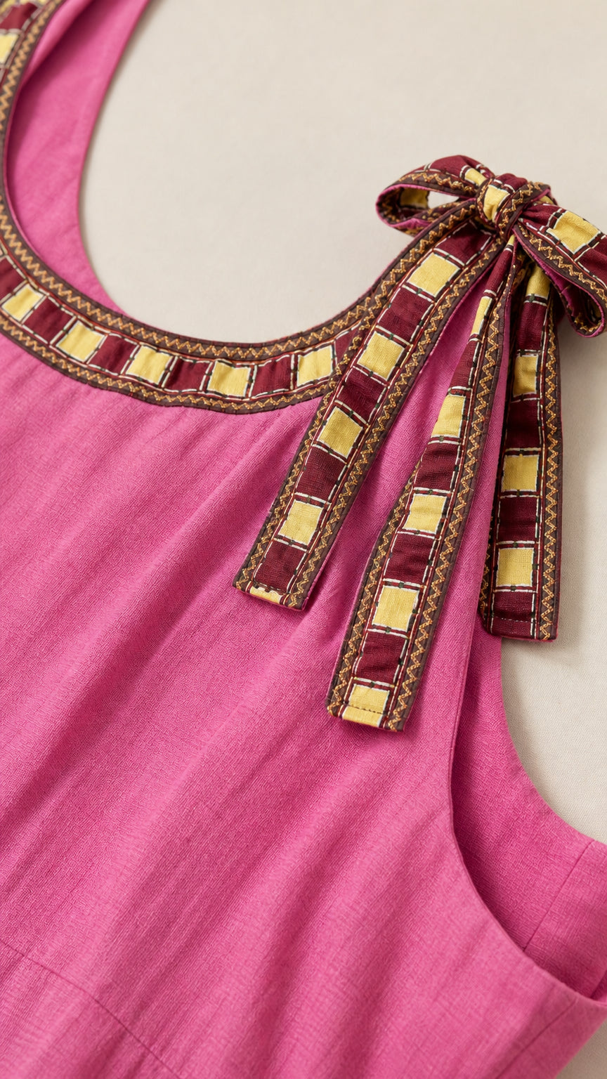 Close-up of scoop neckline with geometric trim and bow straps