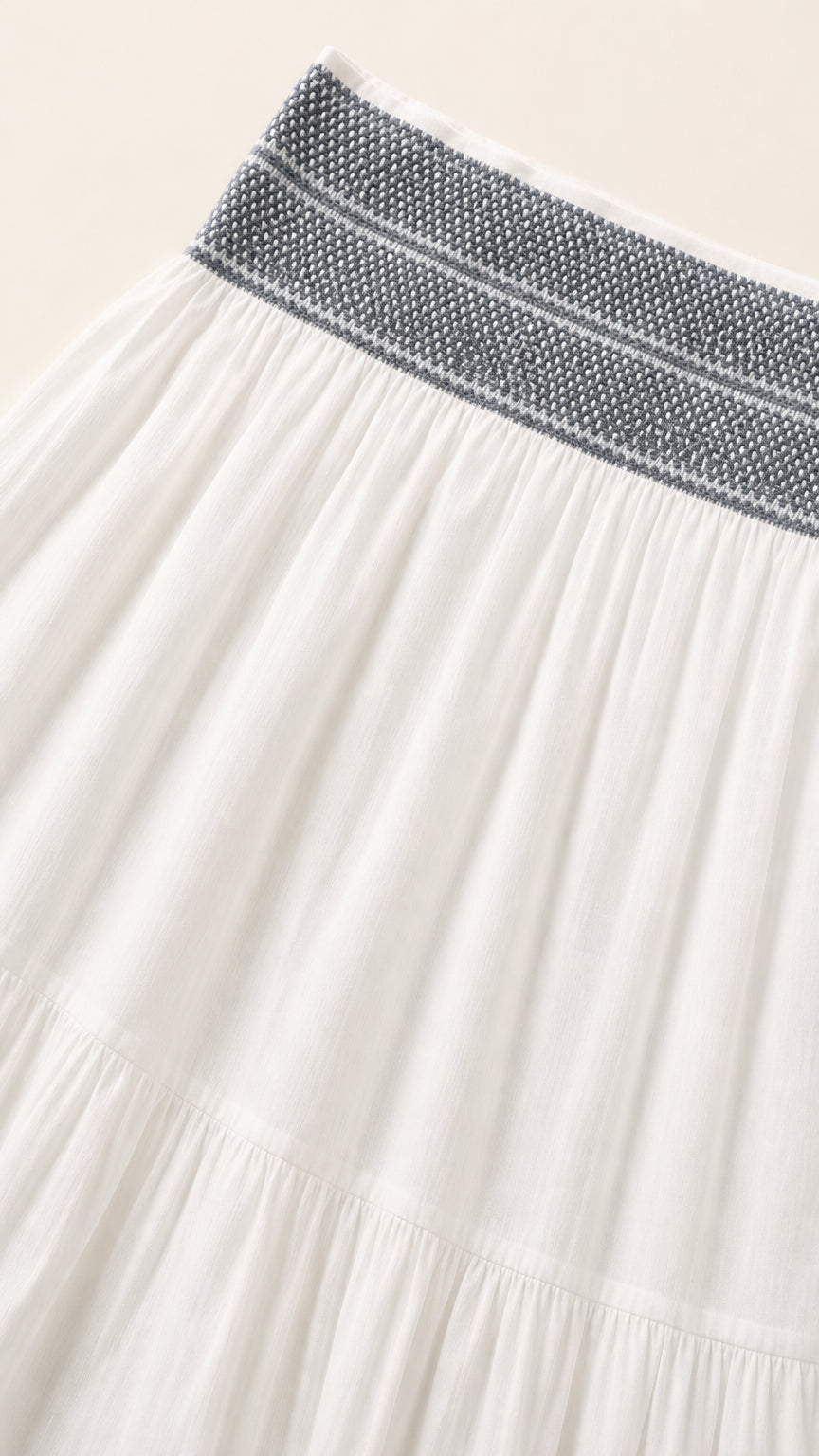 Close-up of the textured smocked waistband on white fabric