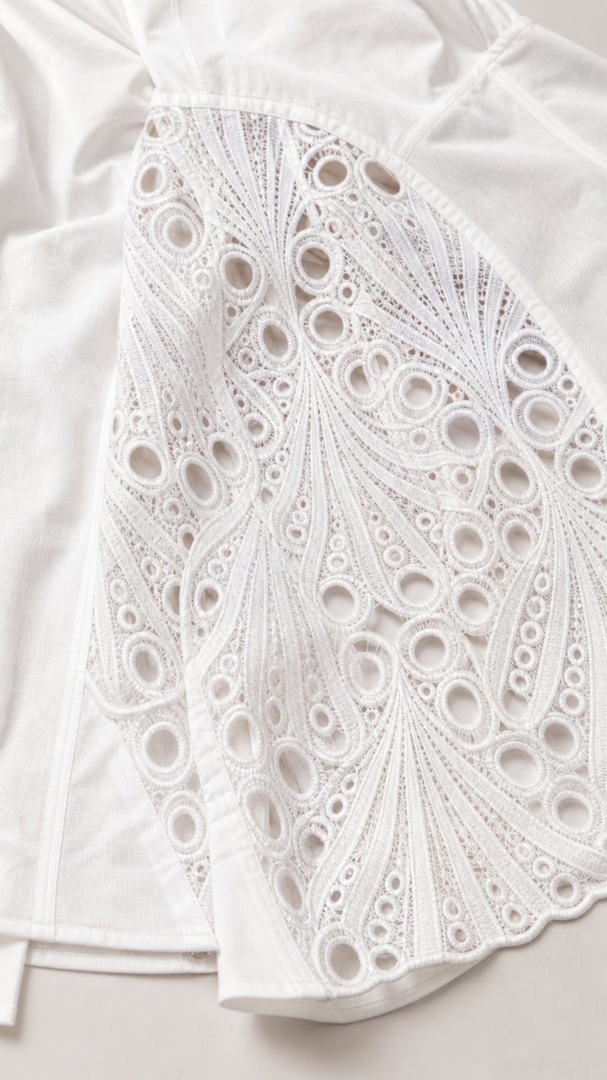 Close up texture shot of the white geometric lace panel