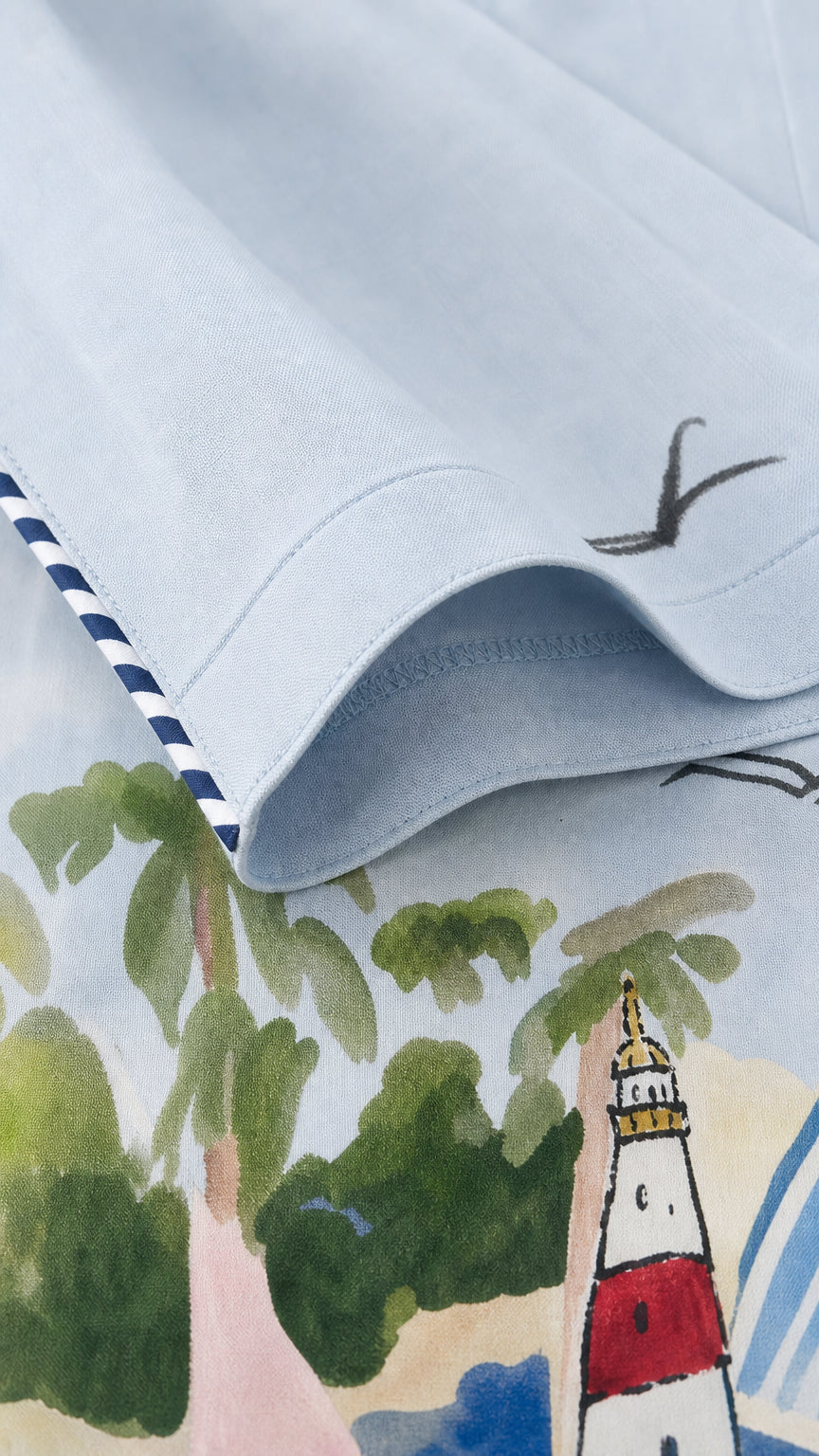 Close-up of fabric texture and hem print detail