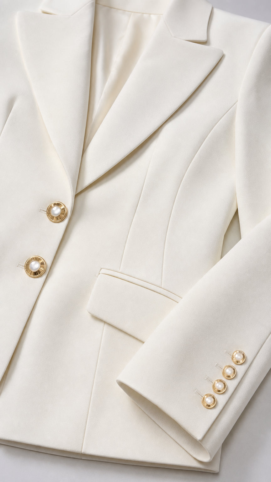 Close-up detail of white blazer lapel, front button closure, and pocket trim