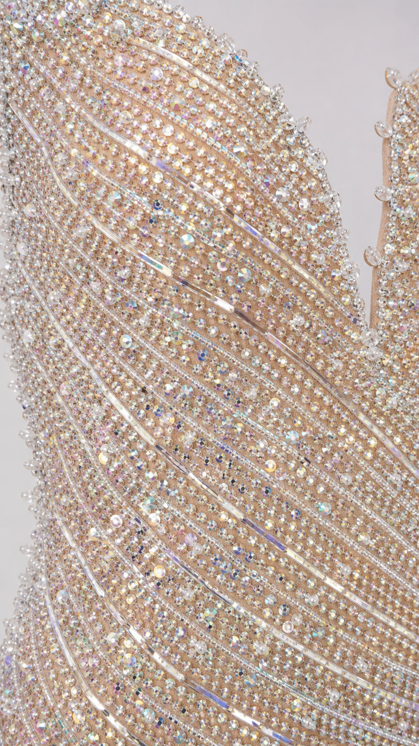 Macro close-up detail of intricate beadwork and sequin embellishments