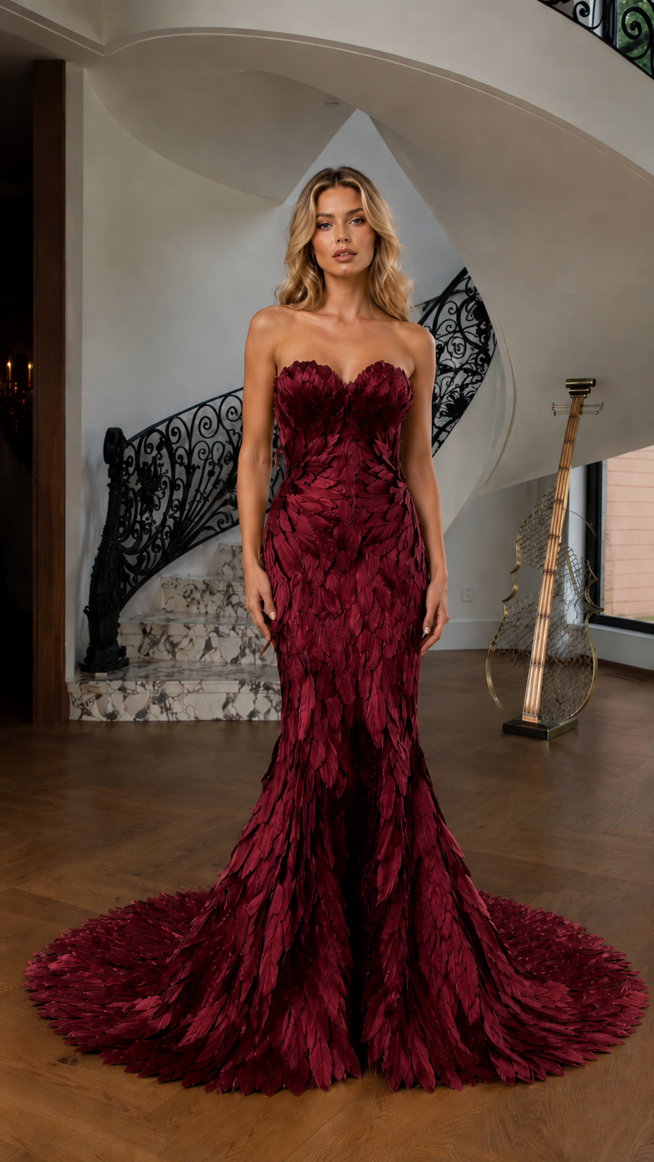 Burgundy strapless mermaid gown with feather-inspired texture and long train front view