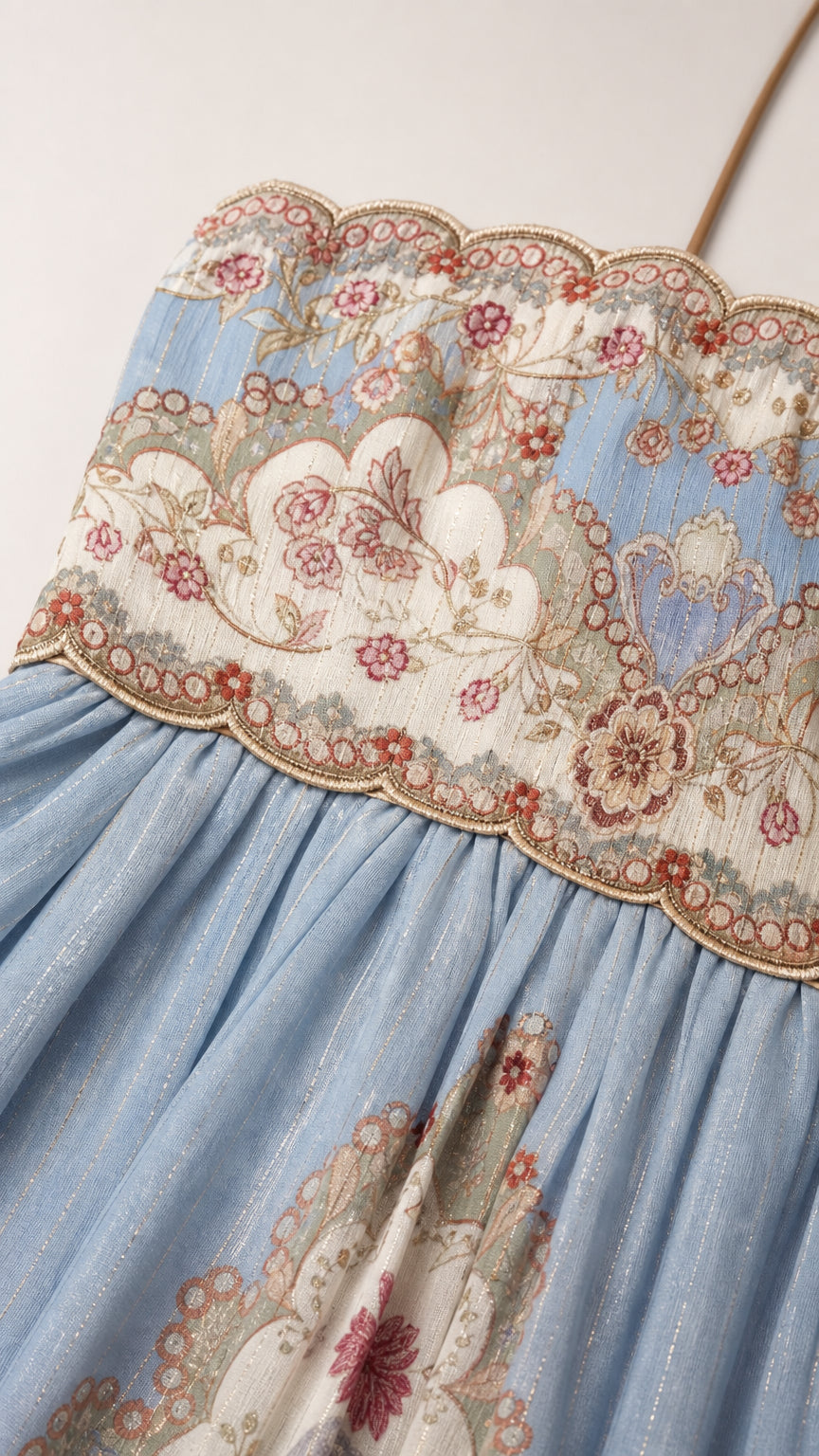 Close-up of the sky blue floral fabric and decorative border detail