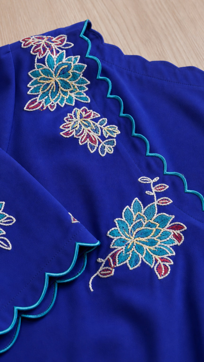 Close-up detail of floral embroidery and scalloped hem on royal blue fabric