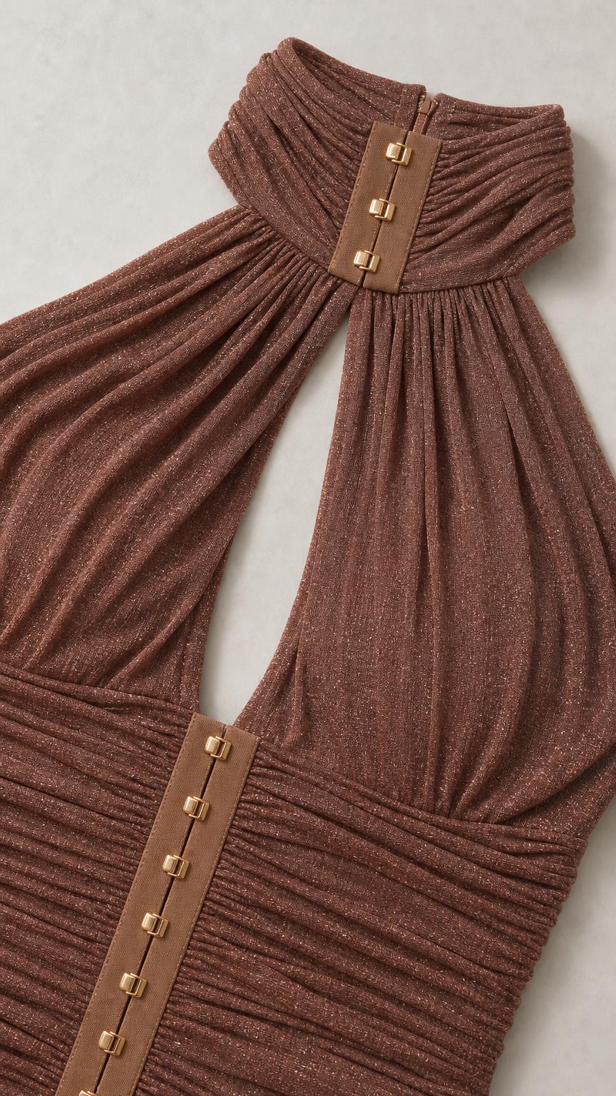 Close up of halter neckline and hardware details in Brown