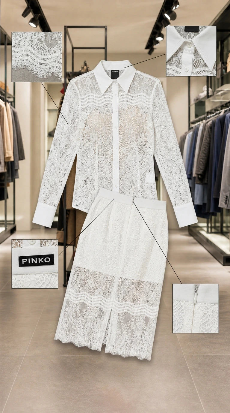 Flat lay design detail view of white lace shirt and skirt construction