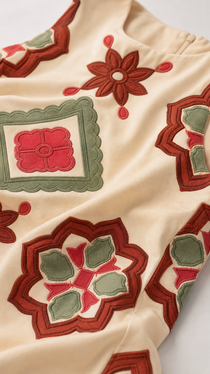 Close-up detail of geometric embroidery on cream fabric