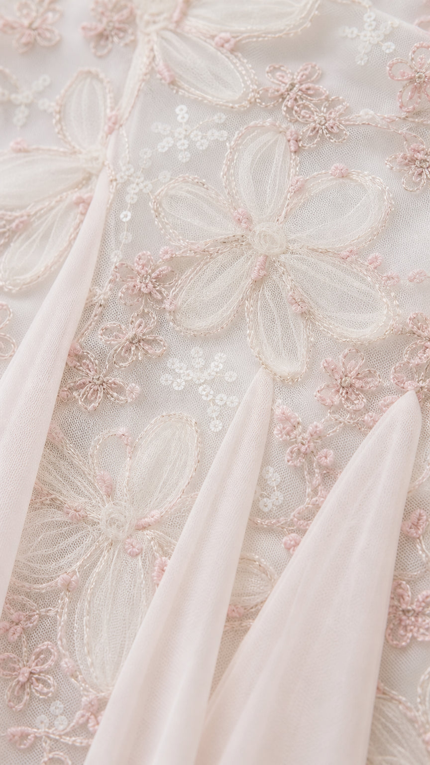 Close-up detail of floral embroidery and sheer fabric texture