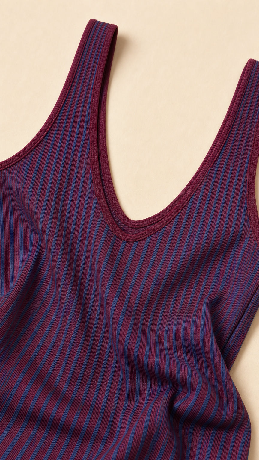 Close-up of the ribbed knit fabric and scoop neckline