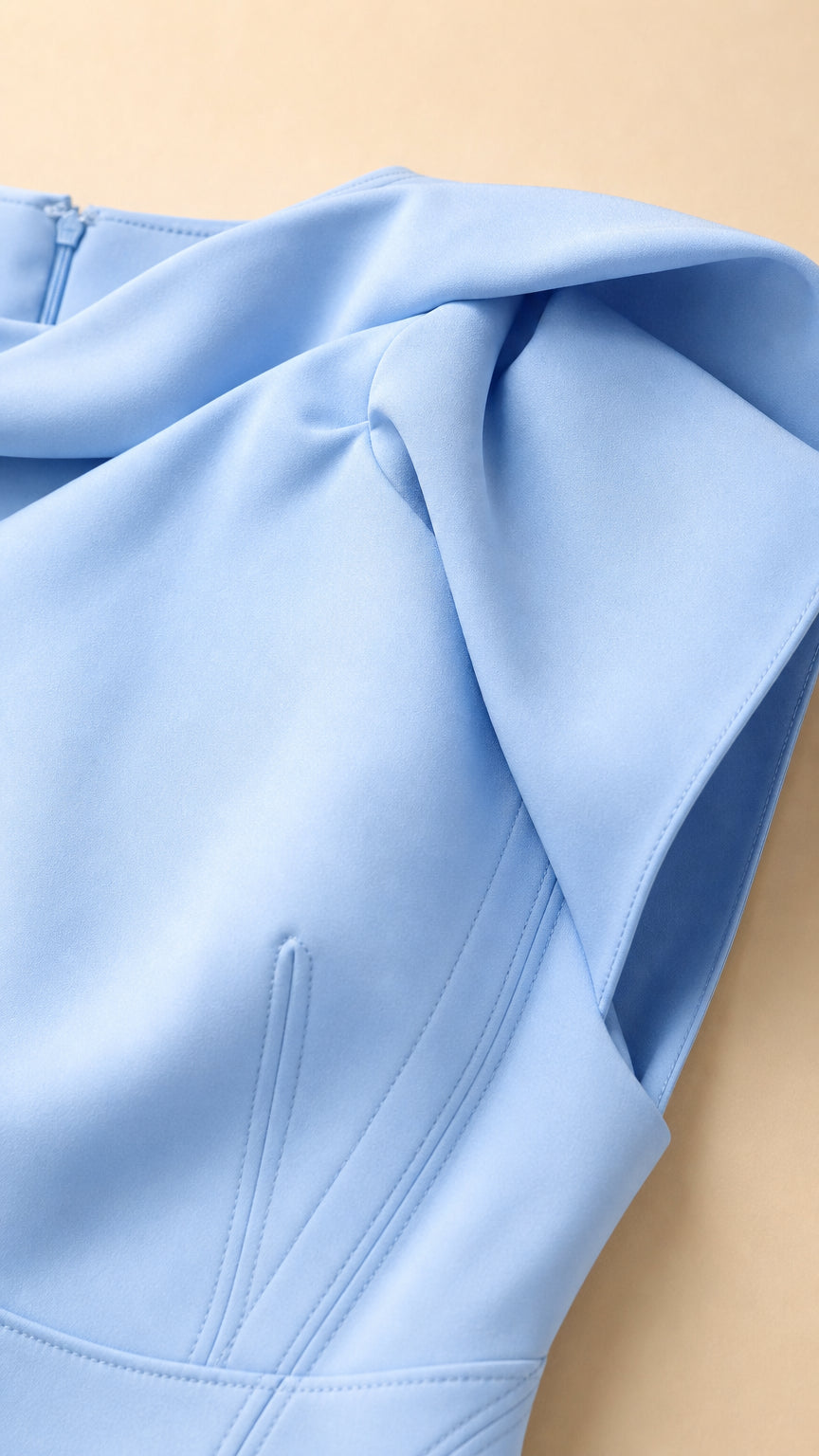 Close-up detail of structured shoulder ruffle and fabric on light blue dress