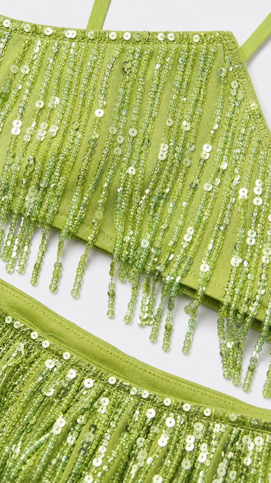 Close up of lime green sequins and fringe detail