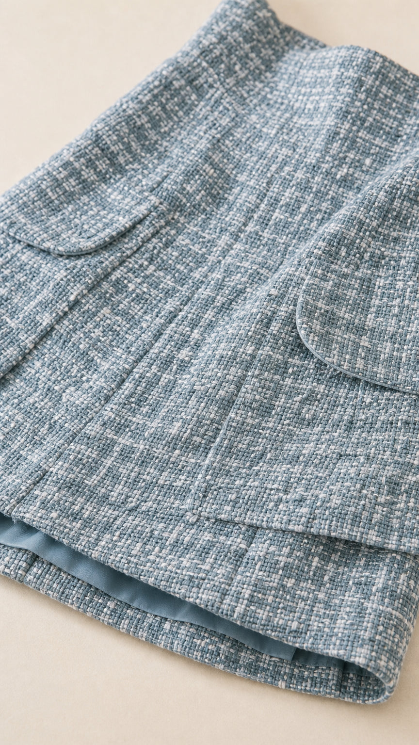 Close-up of textured fabric and pocket detail of light blue tweed dress