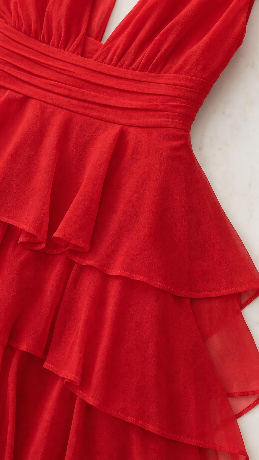 Close-up detail of red chiffon ruffles and ruched waistband