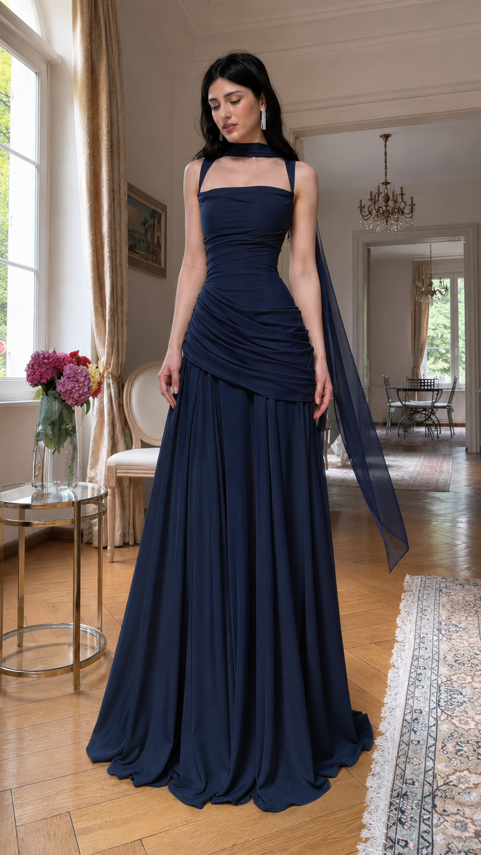Front view of navy blue floor-length ruched gown with scarf halter accent