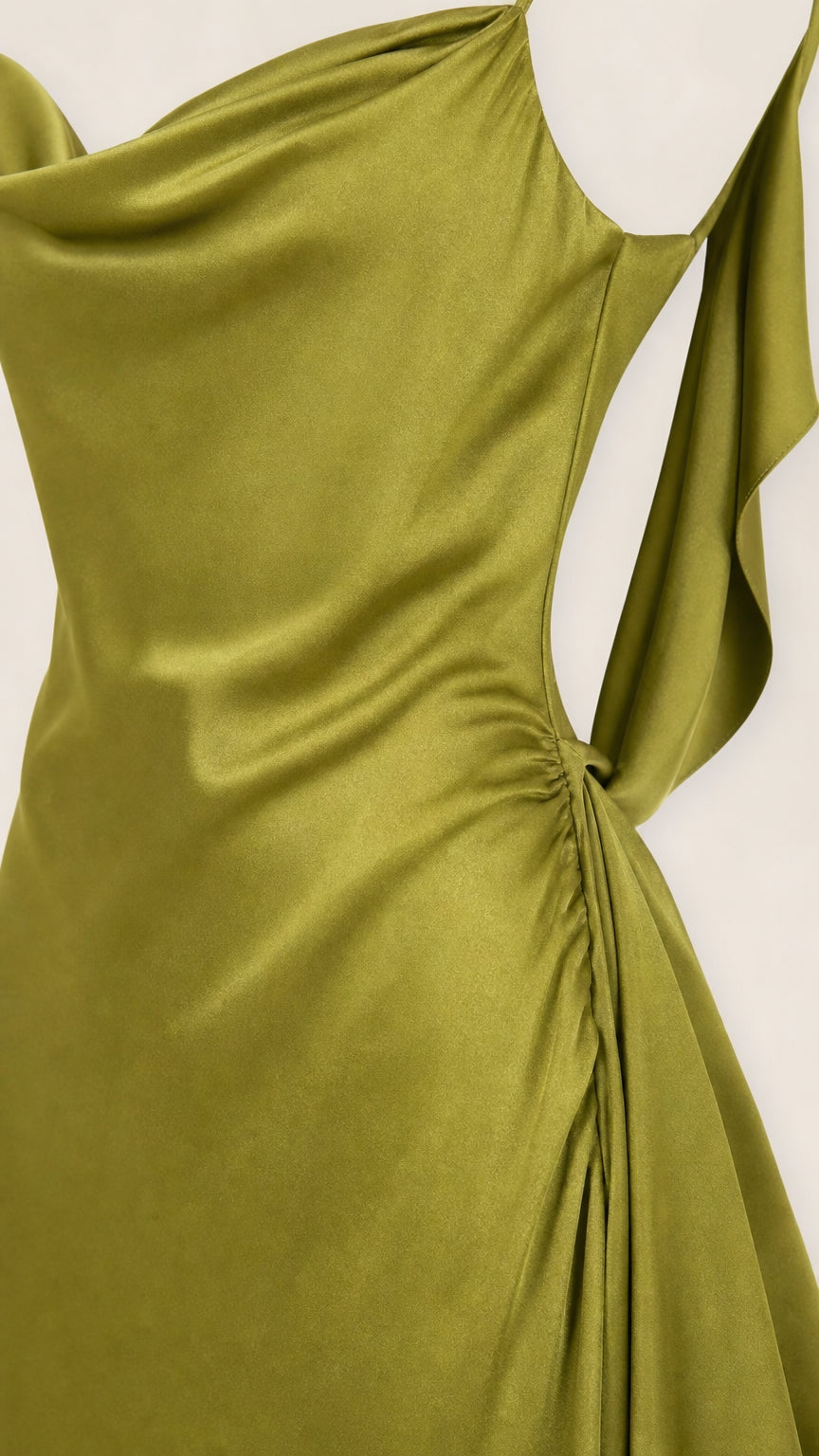 Close-up detail of olive satin cowl neck and strap construction