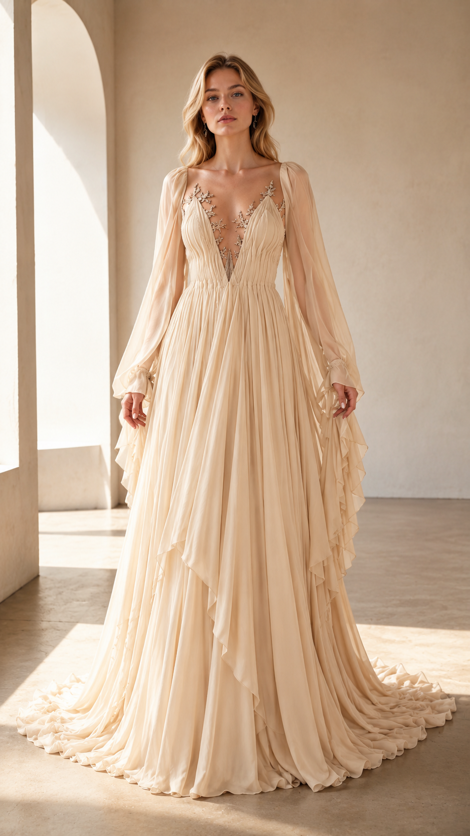 Front view of champagne sheer sleeve formal gown with deep V neckline and pleated skirt