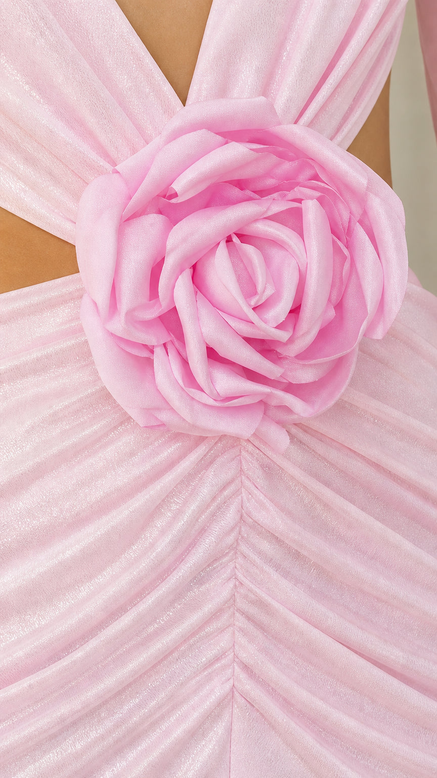 Close-up of 3D fabric rose accent and ruched bodice details