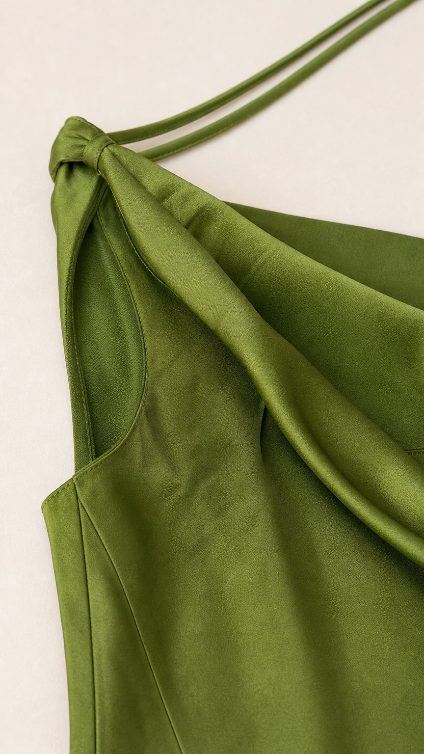 Close-up of the shoulder strap and cowl neck construction