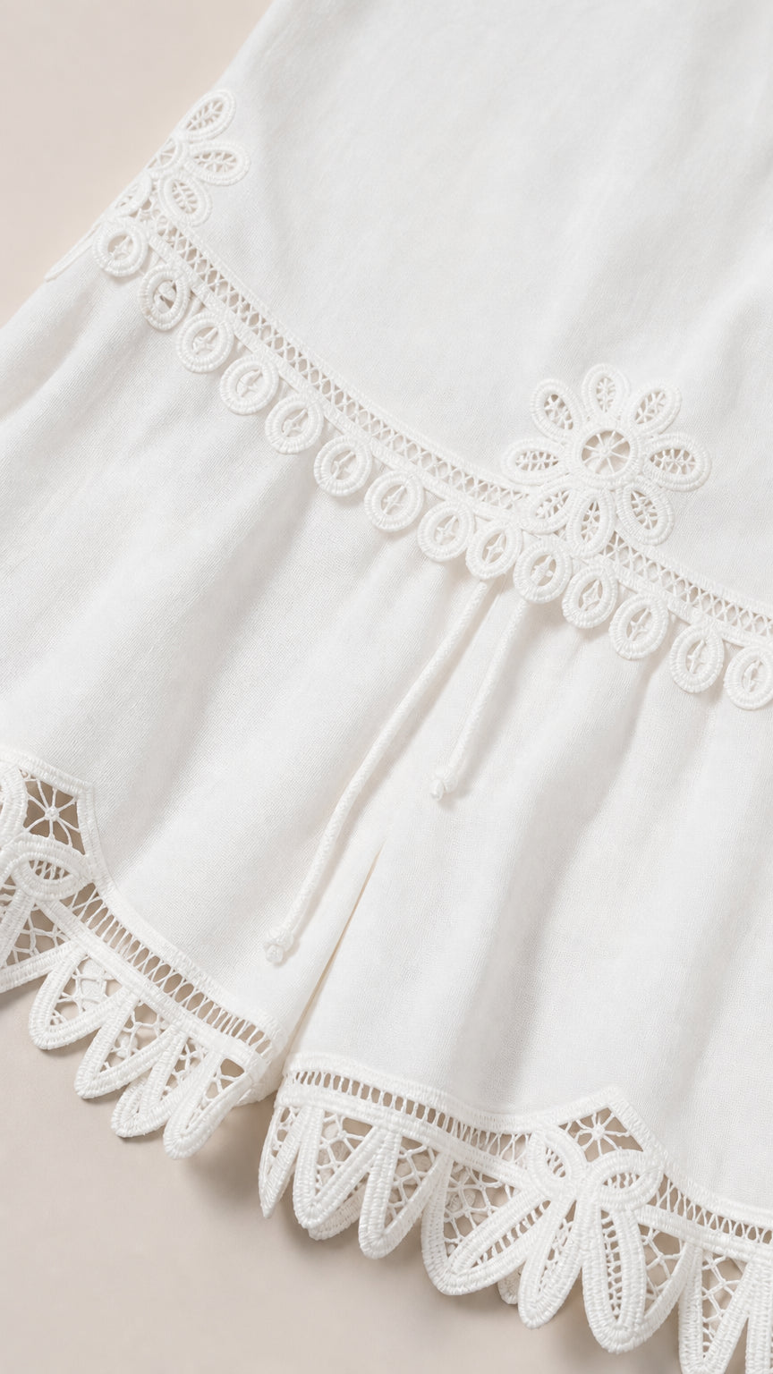 Close-up detail of embroidery and lace hem on white shorts