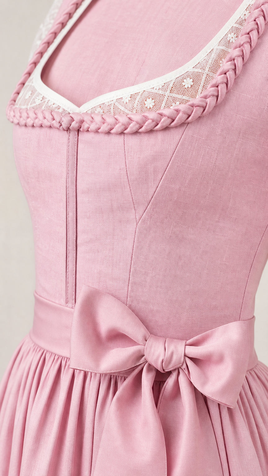 Close-up of bodice, lace trim, and bow on pink dirndl