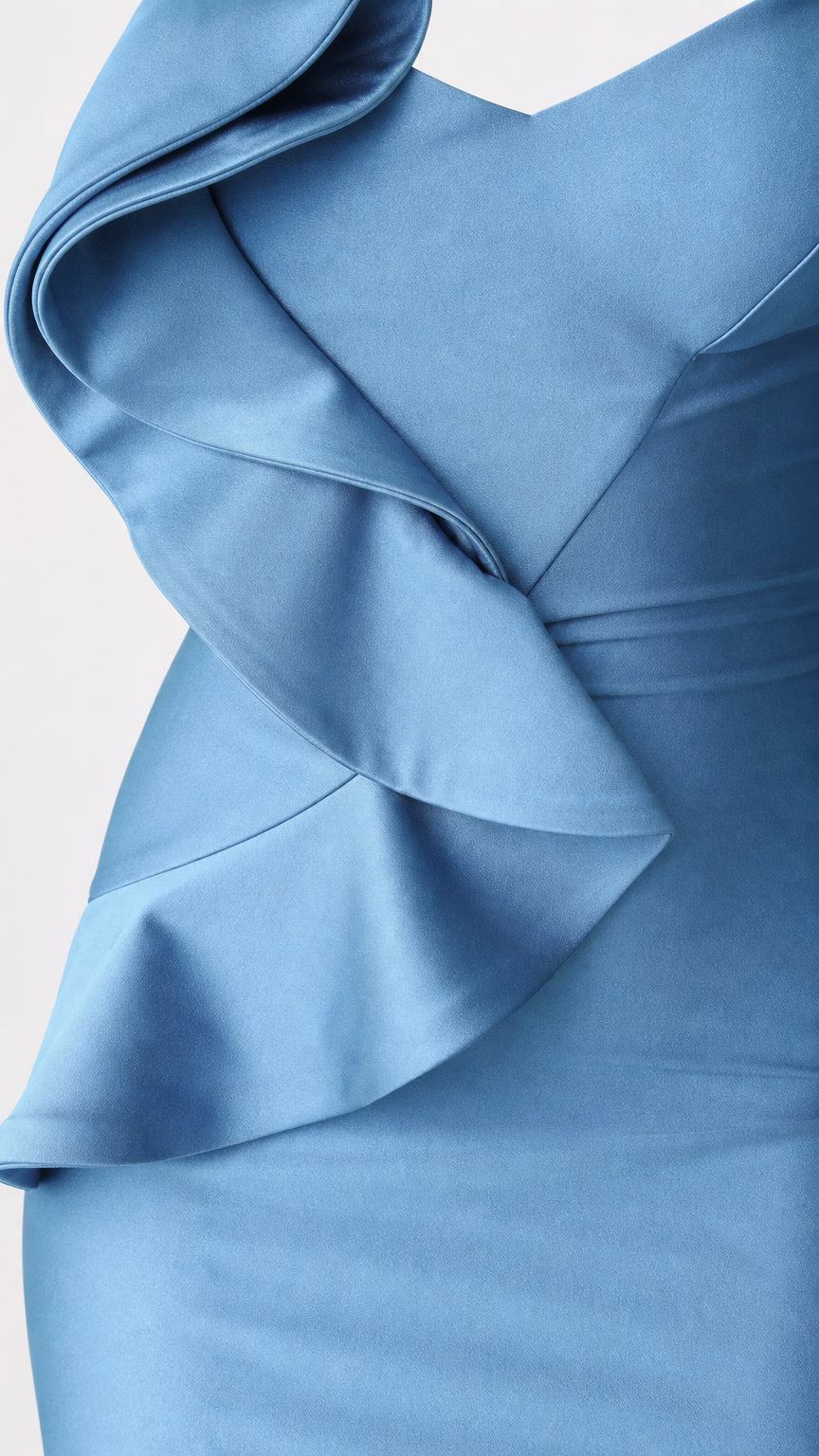 Close-up detail of front cascading ruffle on blue satin dress