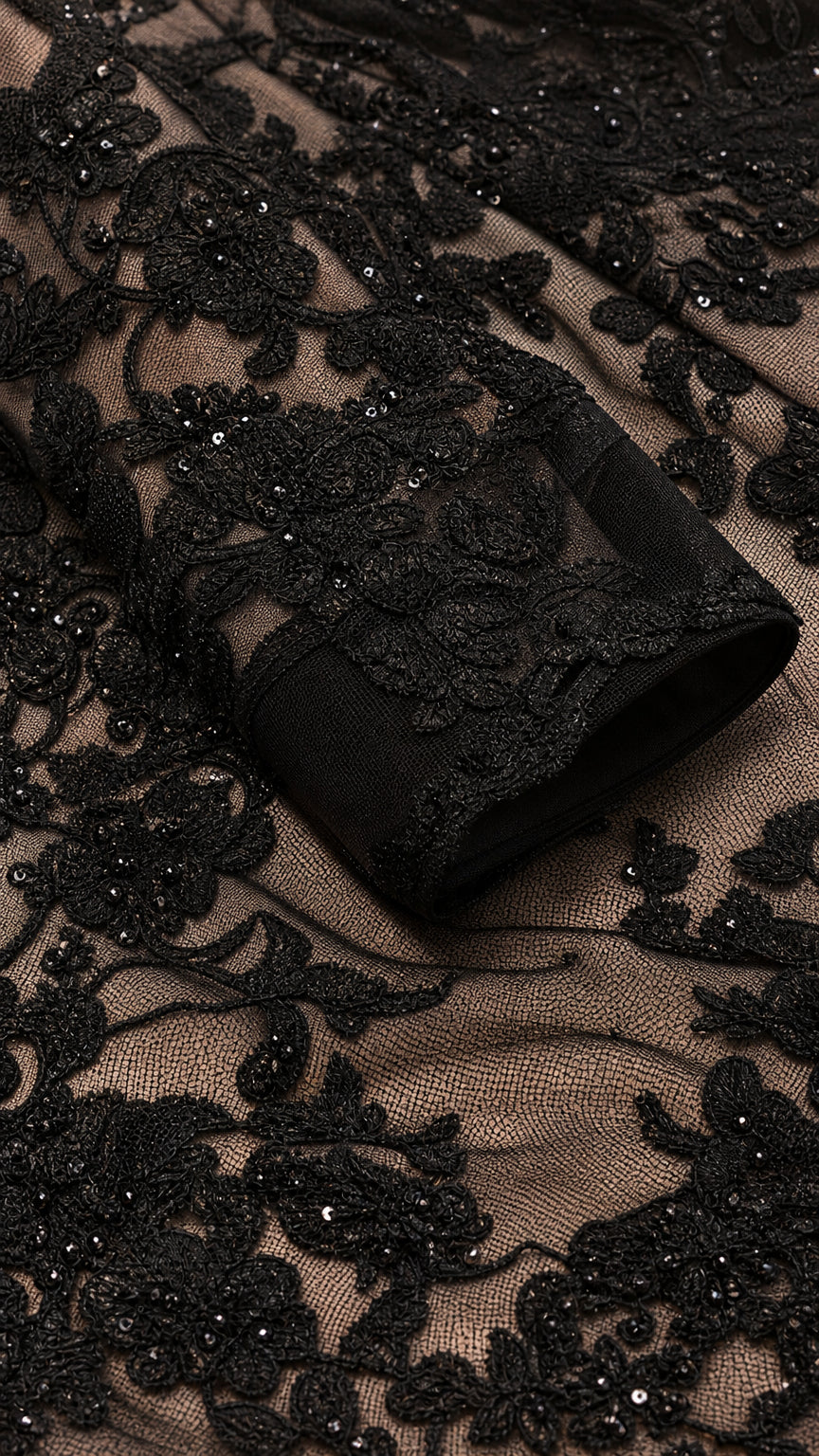 Close-up detail of floral lace and sequin embroidery on sleeve