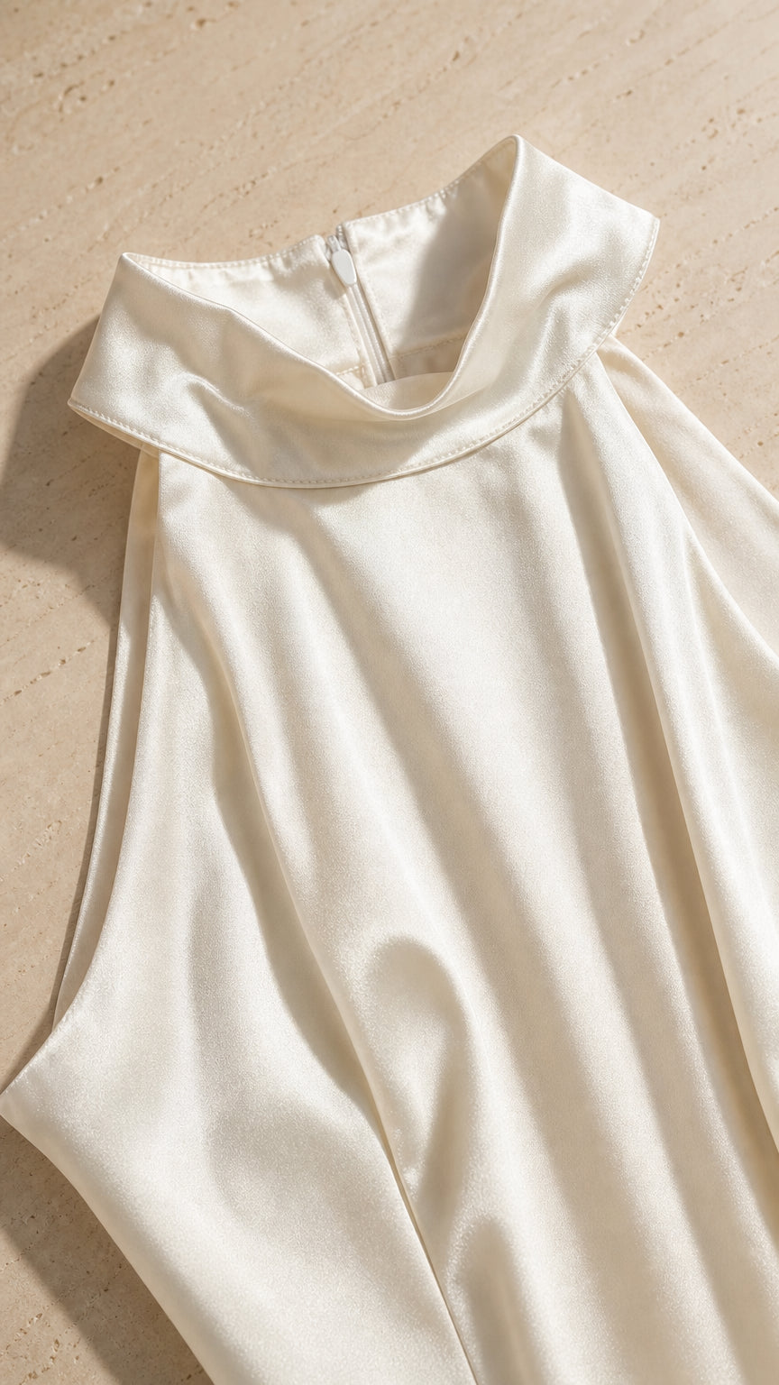 Close-up detail of high collar and satin fabric texture