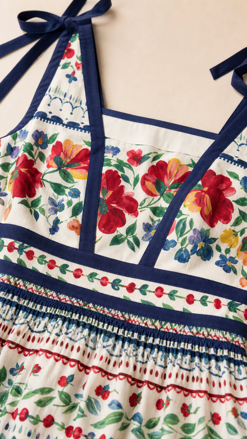 Close-up detail of bodice, neckline, and tie straps on white floral dress