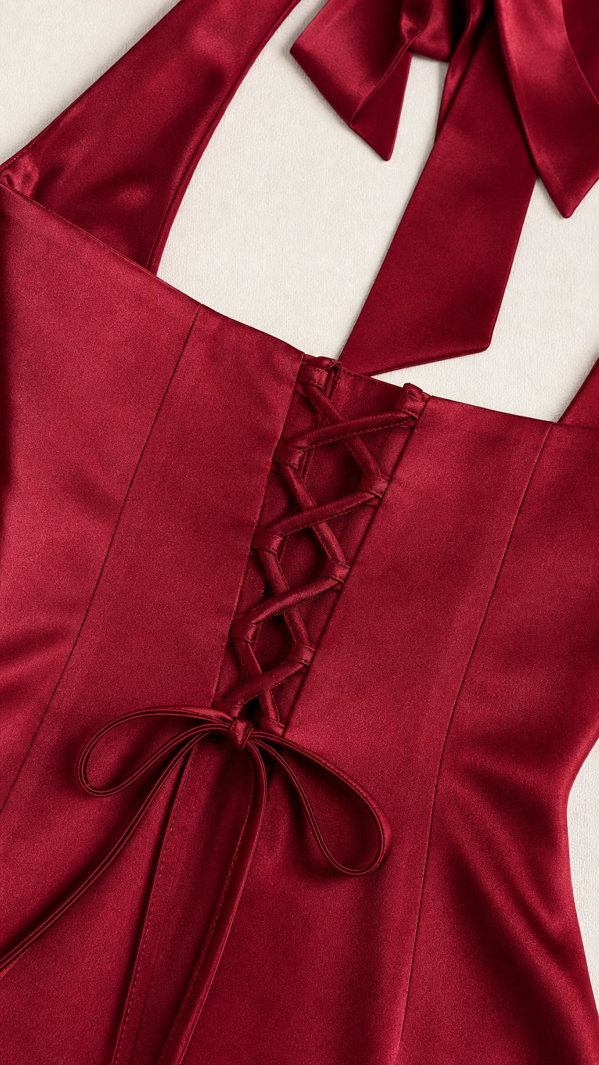 Close-up detail of the lace-up back and halter tie on the Burgundy dress