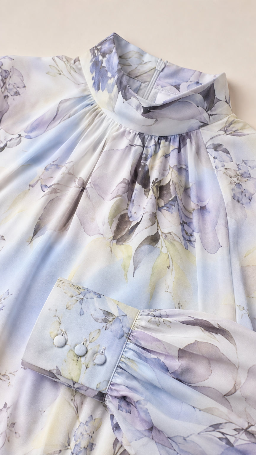 Close-up of floral pattern, collar, and sleeve cuffs