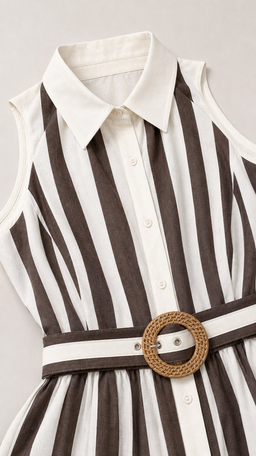 Closeup of dress collar, buttons, and woven belt detail