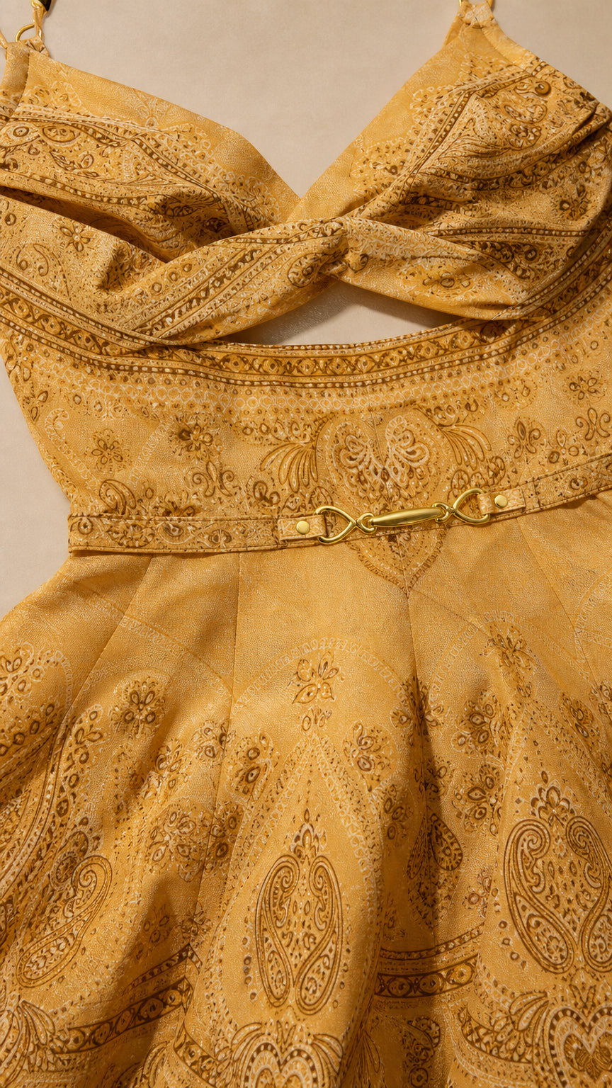 Close-up detail of bodice cutout and patterned fabric