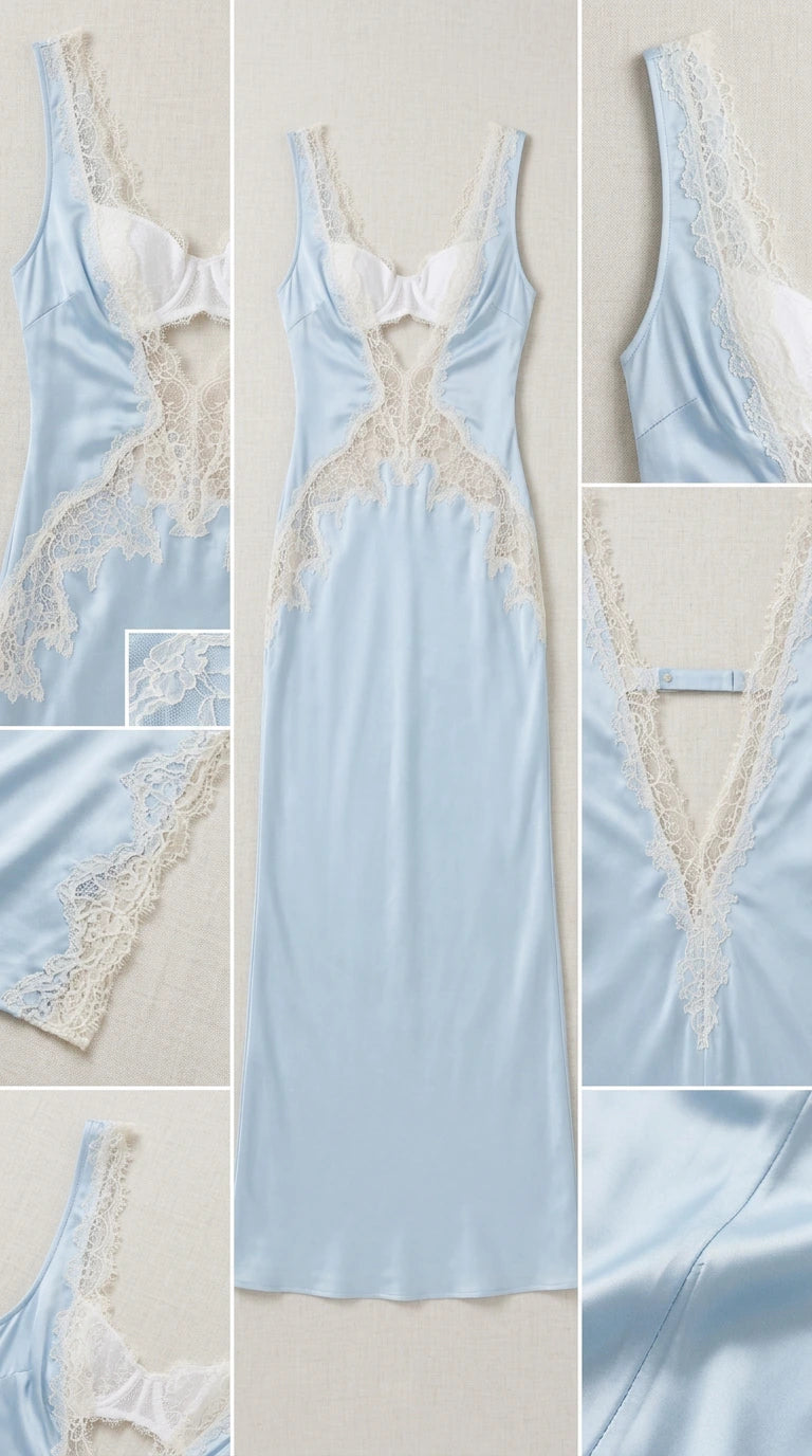 Close-up details of bodice, straps, and lace inserts