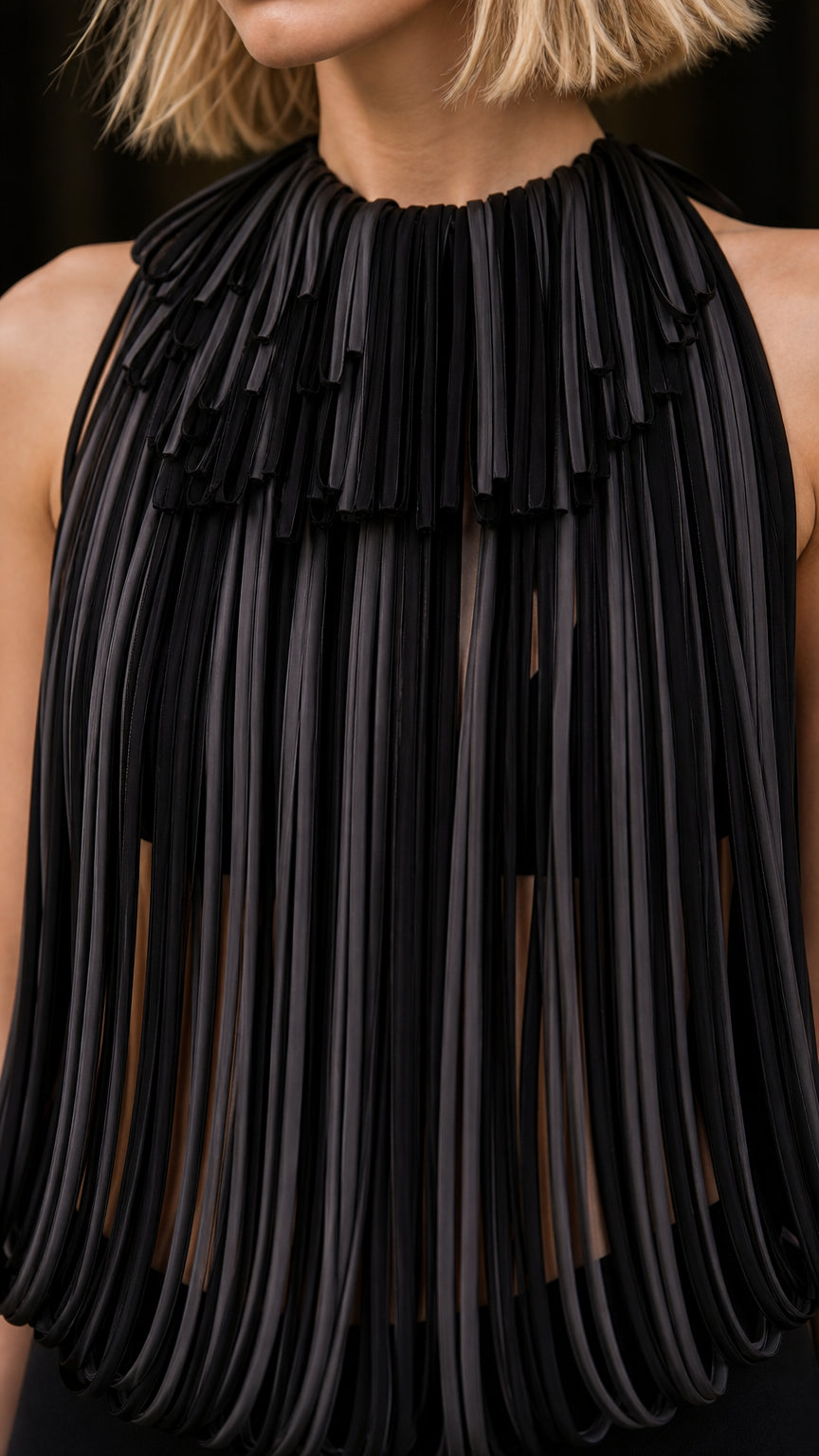 Close-up detail of architectural pleated fringe high neckline