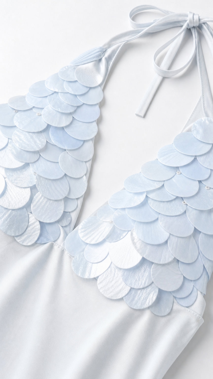 Close-up detail of shimmering metallic scale appliques on halter neckline