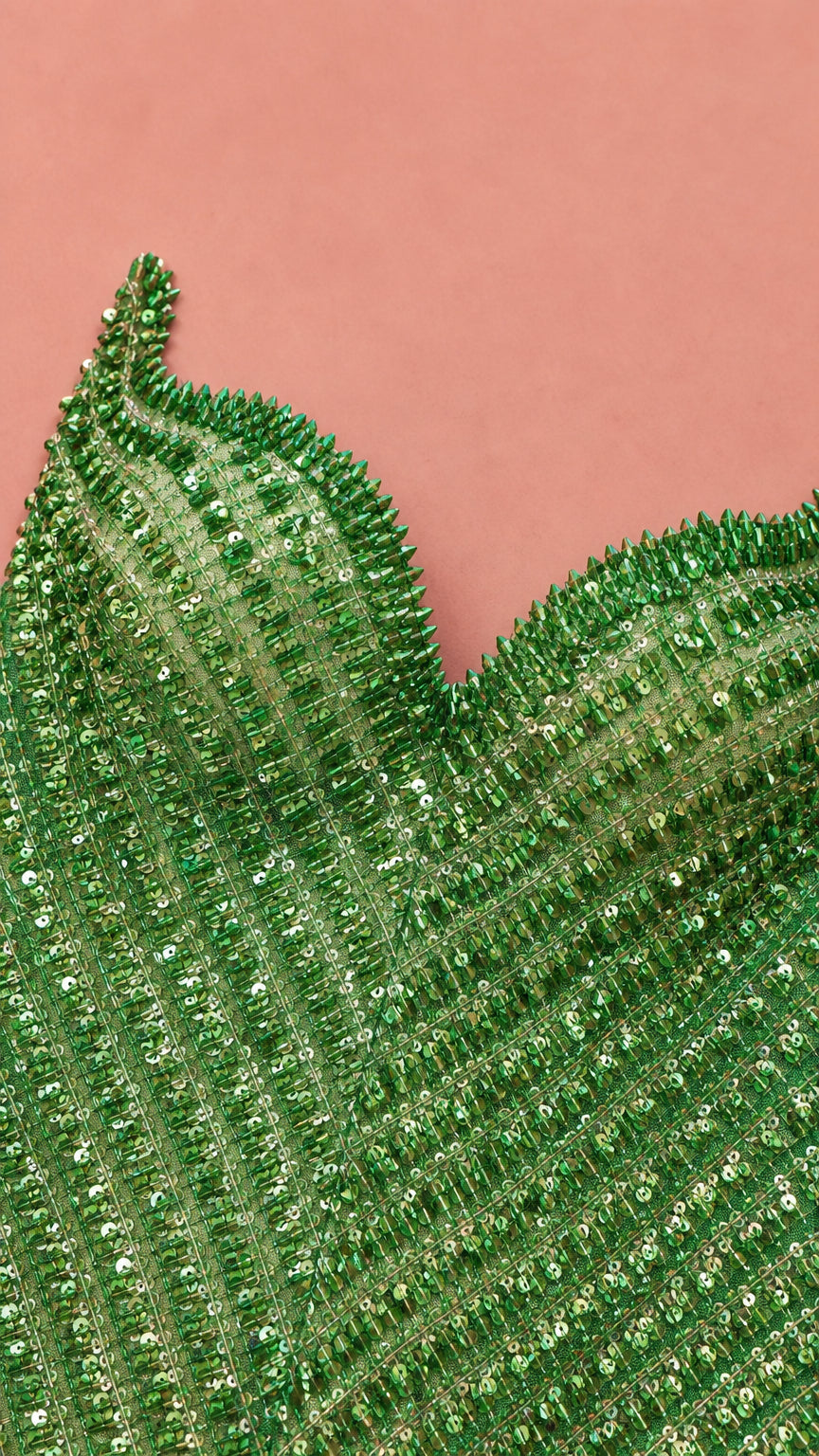 Close-up detail of sweetheart neckline and vertical green beadwork