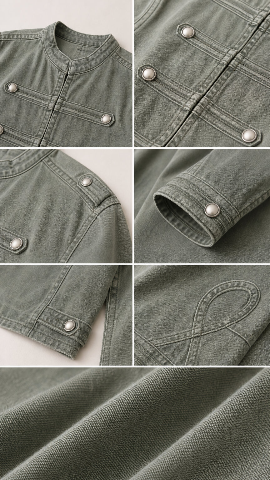 Close-up details of jacket buttons, collar, cuffs, and fabric texture